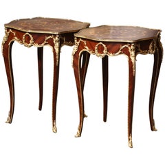 Pair Mid-Century French Louis XV Marquetry Inlaid and Ormolu Mounted Side Tables Pair Mid-Century French Louis XV Marquetry Inlaid and Ormolu Mounted Side Tables