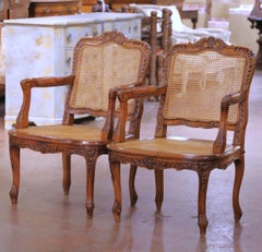 Pair Mid-Century French Louis XV Style Walnut Caned and Leather Desk Armchairs