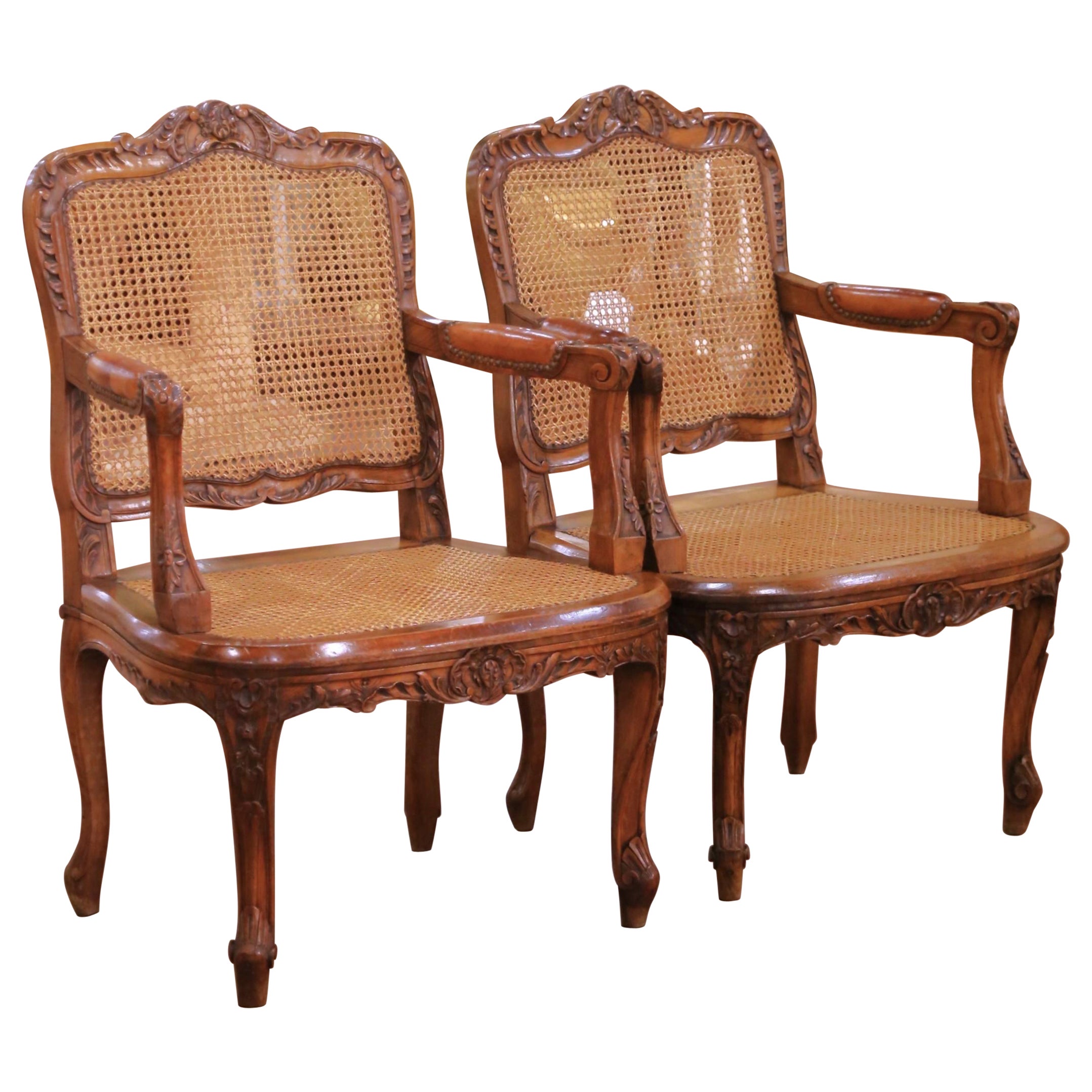 Pair Mid-Century French Louis XV Style Walnut Caned and Leather Desk Armchairs For Sale