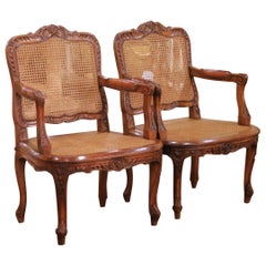 Pair Mid-Century French Louis XV Style Walnut Caned and Leather Desk Armchairs