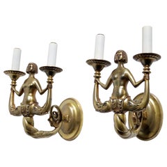 Pair of Midcentury French Massive Brass Sculpture Wall Sconces