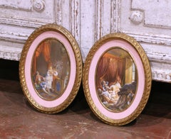 Pair Mid-Century French Painted Genre Scene Oval Glass Pendants in Gilt Frames