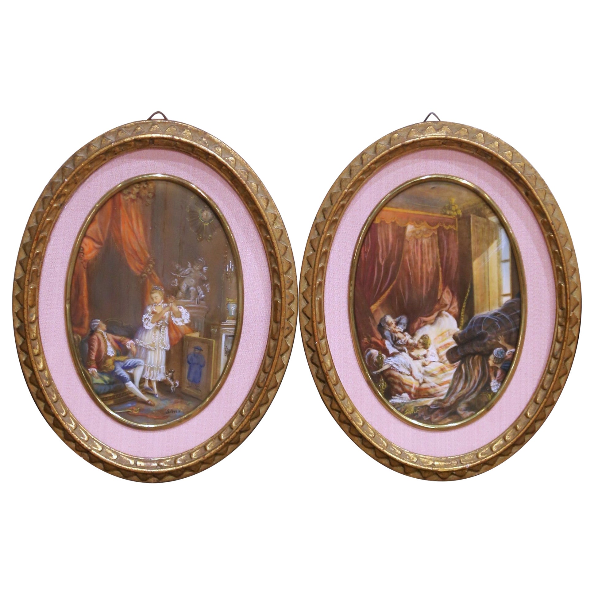 Pair Mid-Century French Painted Genre Scene Oval Glass Pendants in Gilt Frames For Sale