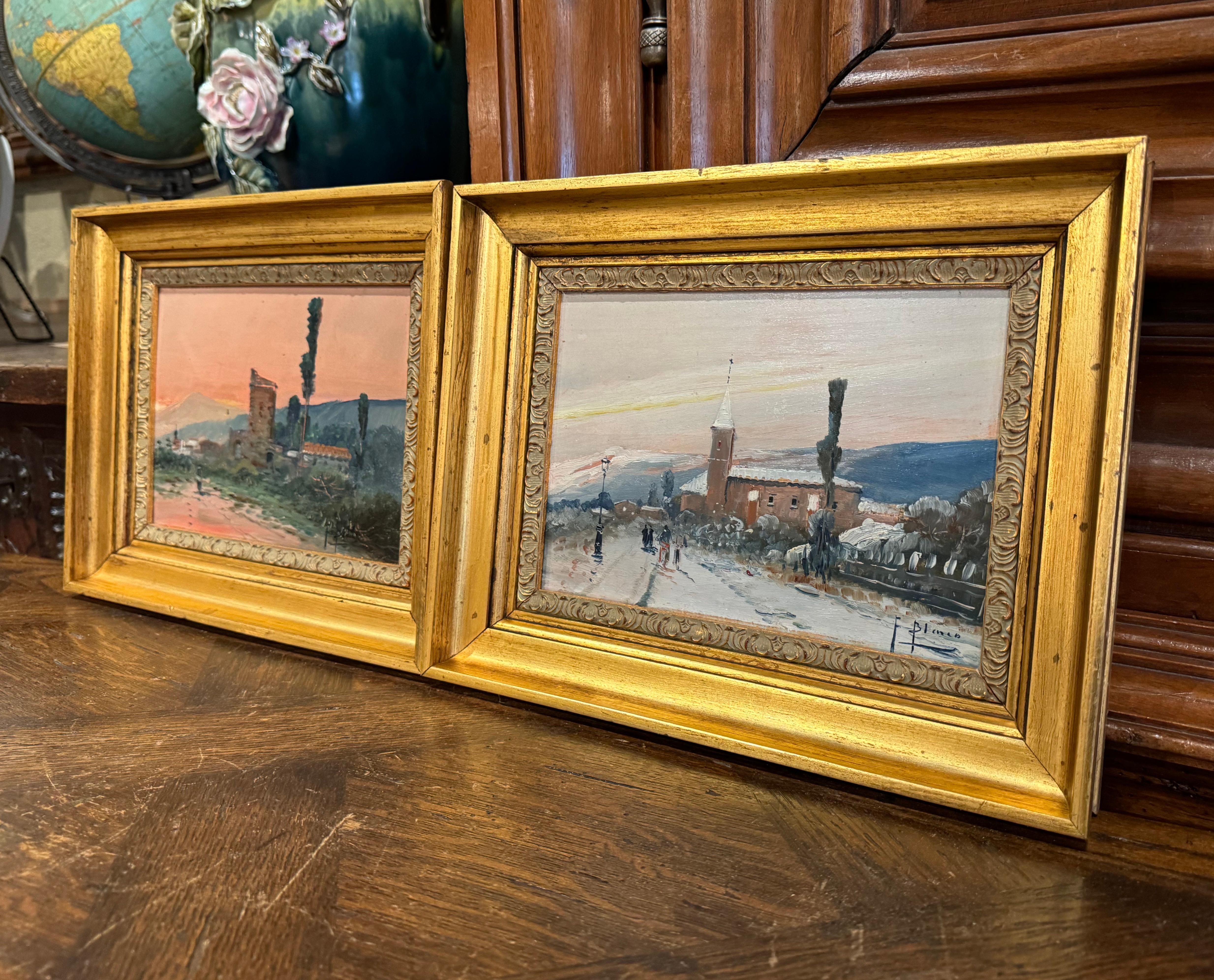 Decorate a powder room, a study or a den with this elegant pair of antique paintings. Hand painted in France circa 1920 and signed by the artist, F. Blanco, each colorful artwork on board is set in a carved giltwood frame and represent the winter