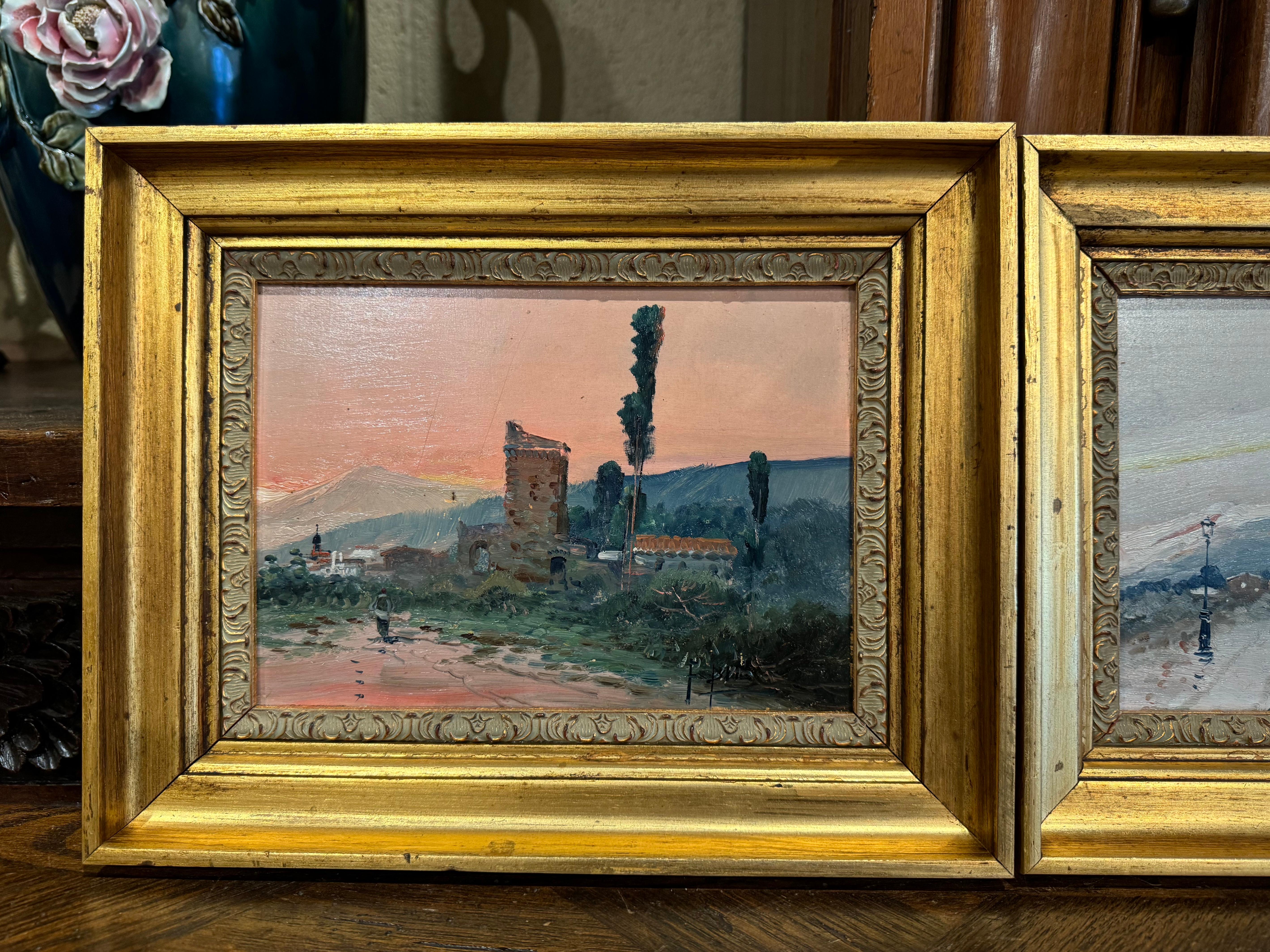 Pair Mid-Century French Paintings on Board in Gilt Frames Signed F. Blanco In Excellent Condition For Sale In Dallas, TX
