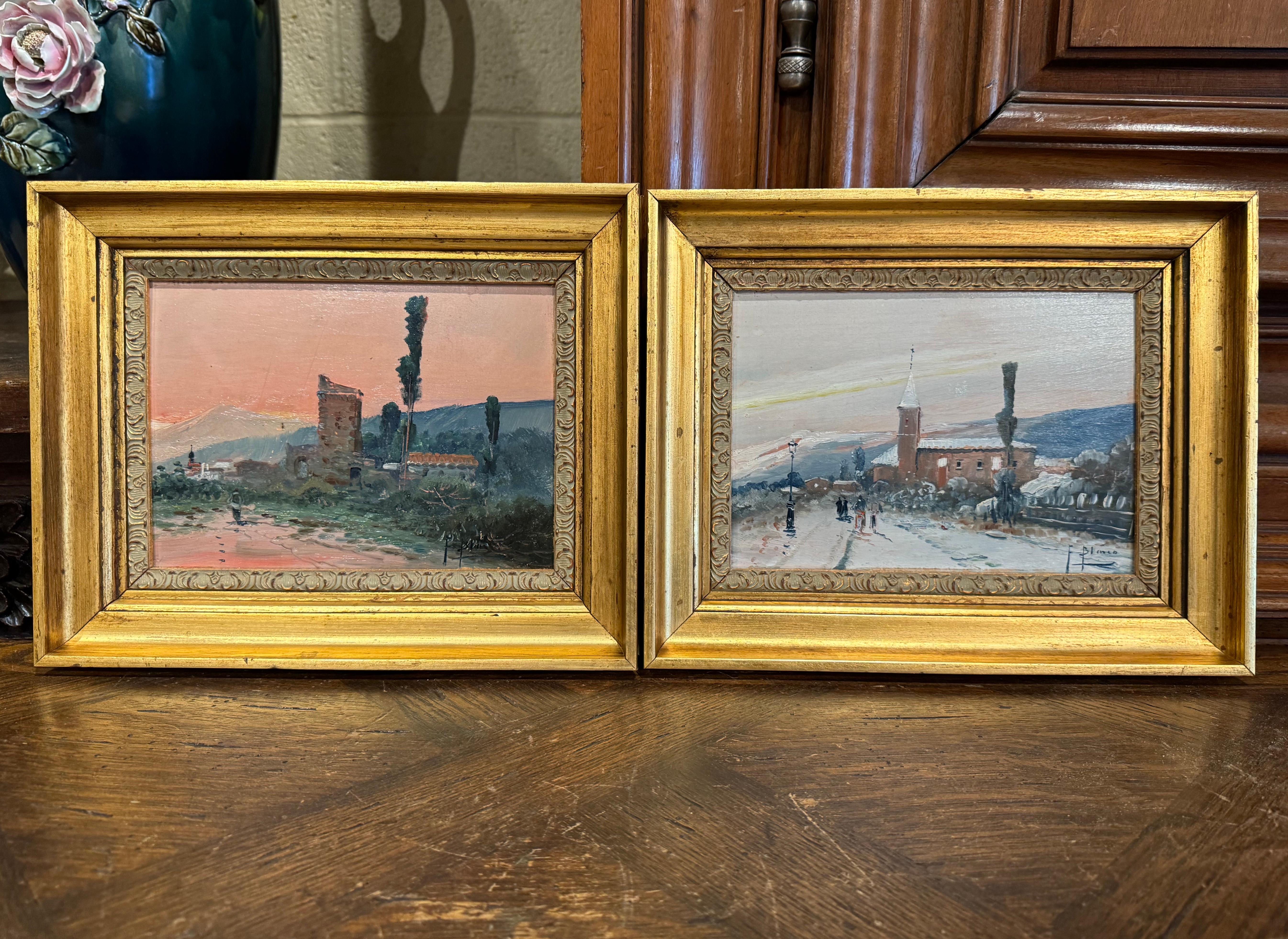 Pair Mid-Century French Paintings on Board in Gilt Frames Signed F. Blanco For Sale 4