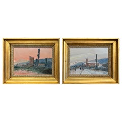 Paire de peintures sur panneau françaises du milieu du siècle dans des cadres dorés signés F. Blanco