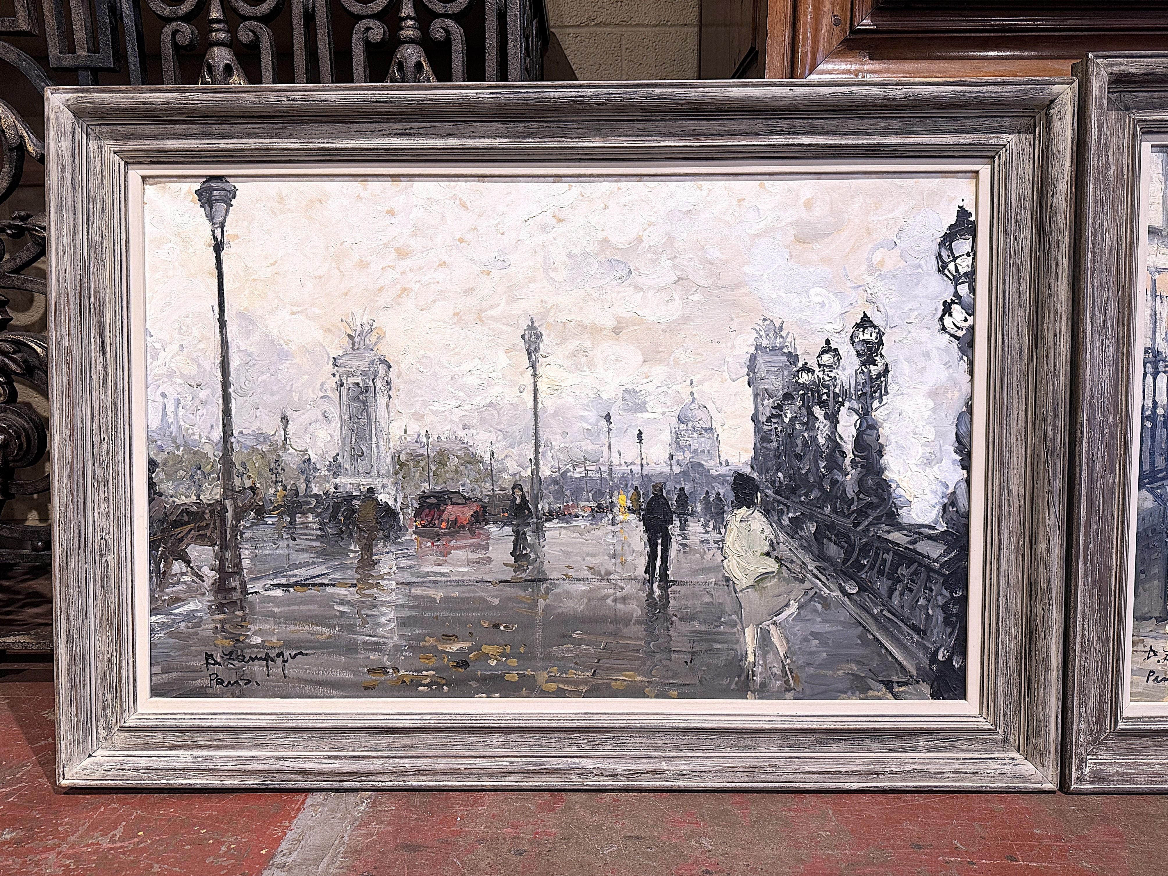 Pair Mid-Century French Paris Scenes Oil on Canvas Paintings Signed A. Lamague For Sale 5