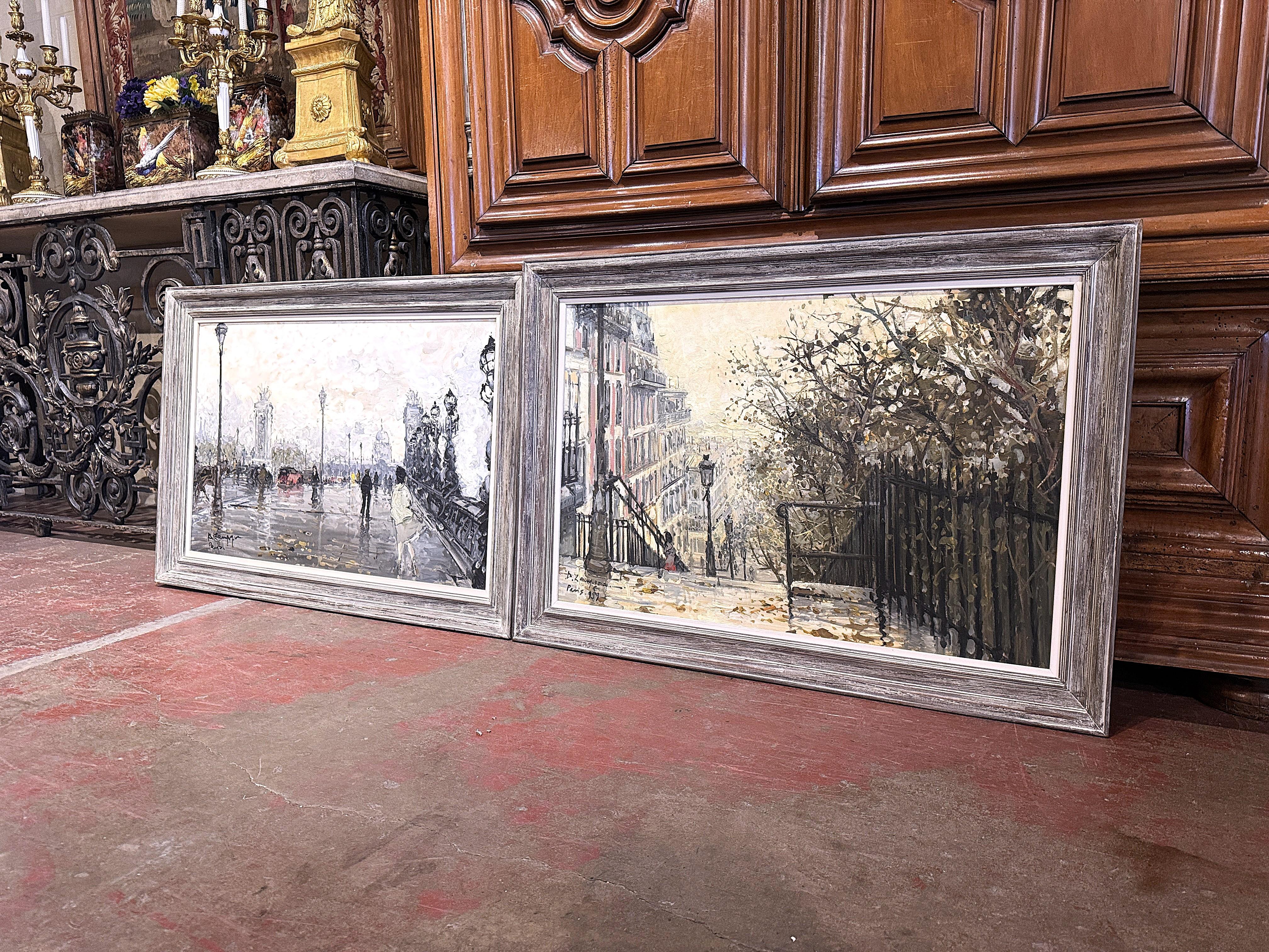Decorate an office or den with this large pair of Parisian paintings. Crafted in Paris and signed by French artist, A. Lamague, each artwork depict an atmospheric scene of Paris, executed in an impressionistic style with a rich impasto technique.