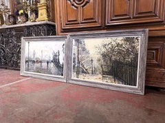 Paire de scènes parisiennes du milieu du siècle dernier, peintures à l'huile sur toile signées A. Lamague