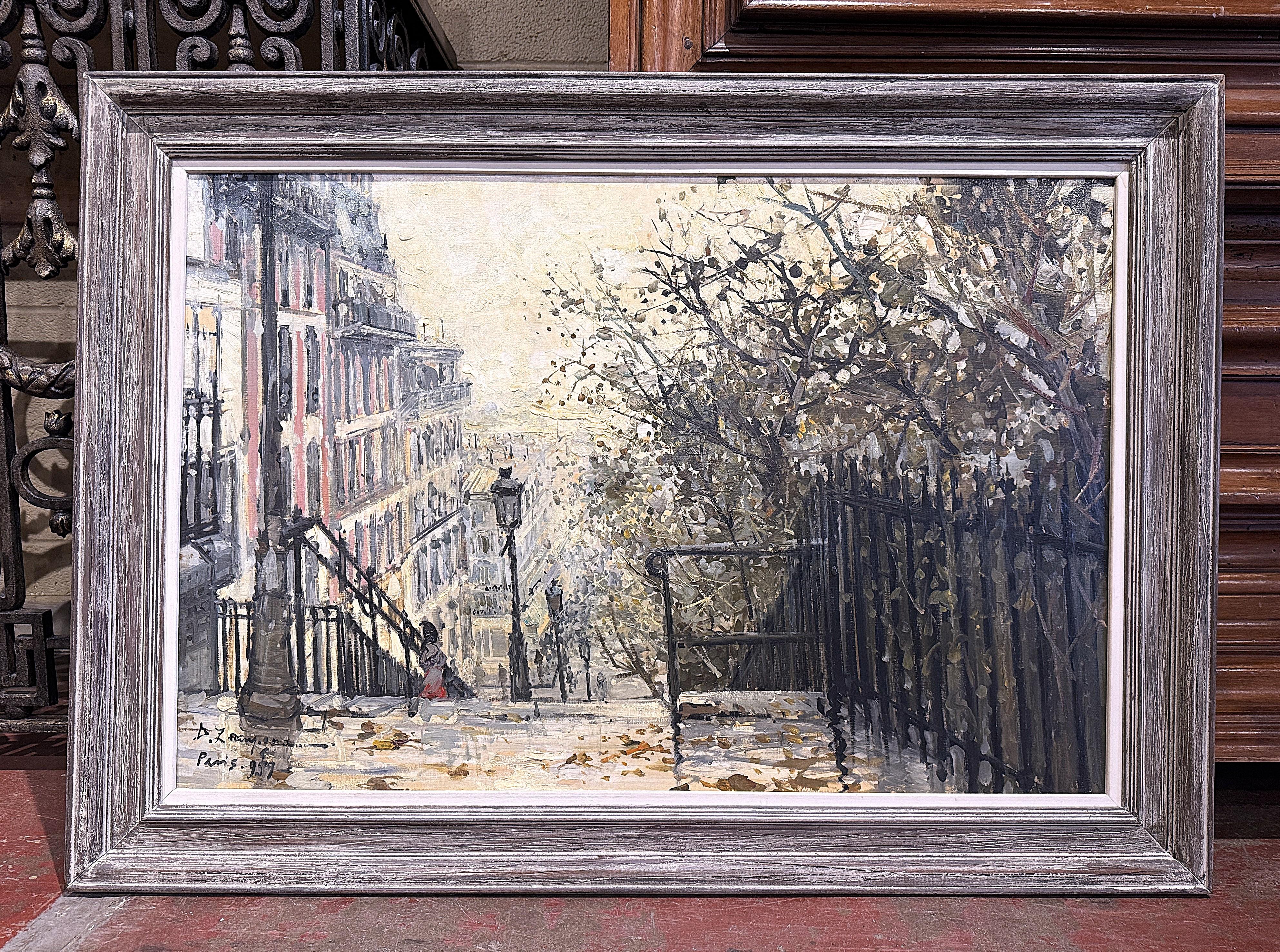 Hand-Painted Pair Mid-Century French Paris Scenes Oil on Canvas Paintings Signed A. Lamague For Sale