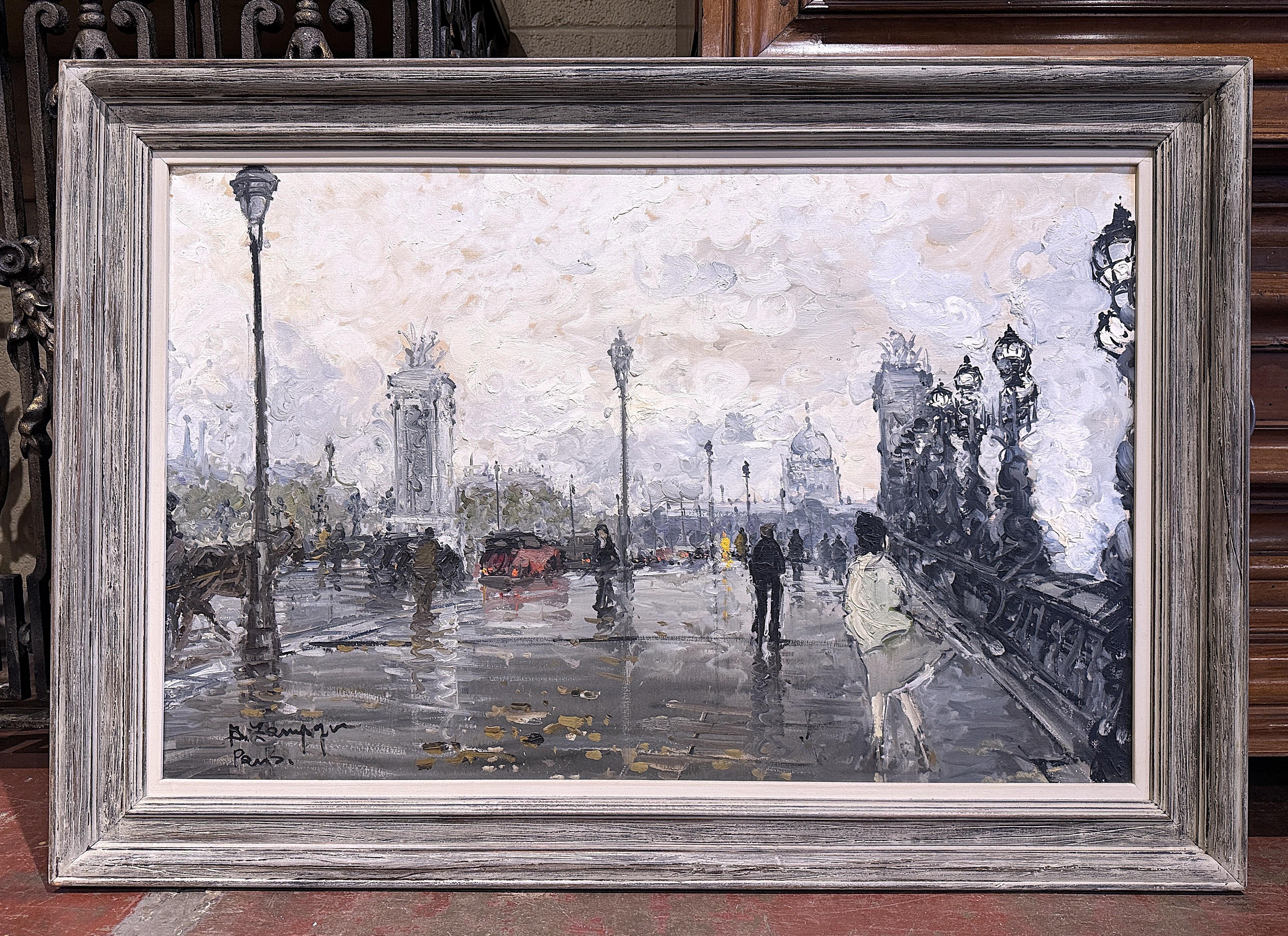 Pair Mid-Century French Paris Scenes Oil on Canvas Paintings Signed A. Lamague In Excellent Condition For Sale In Dallas, TX