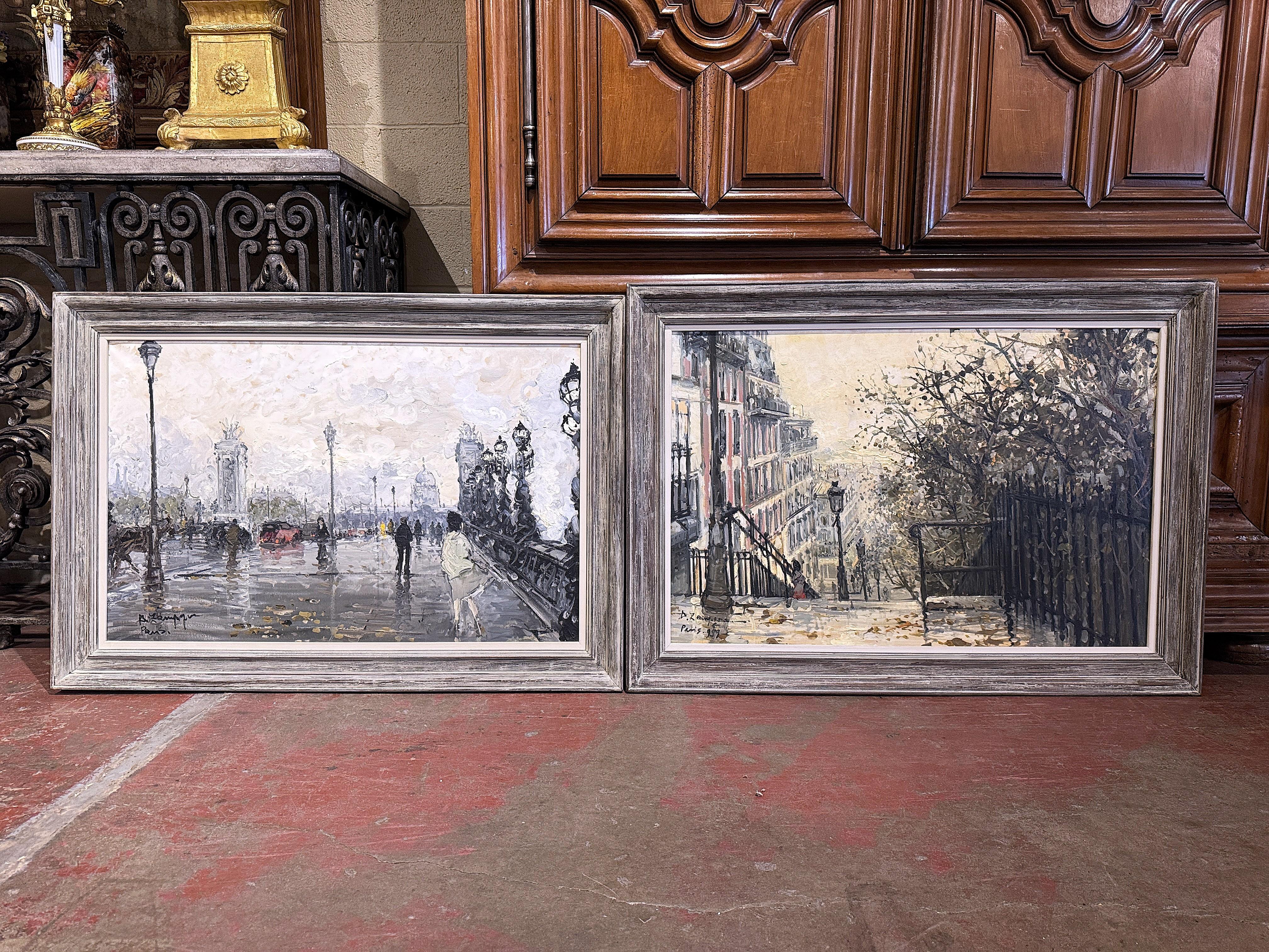 20th Century Pair Mid-Century French Paris Scenes Oil on Canvas Paintings Signed A. Lamague For Sale