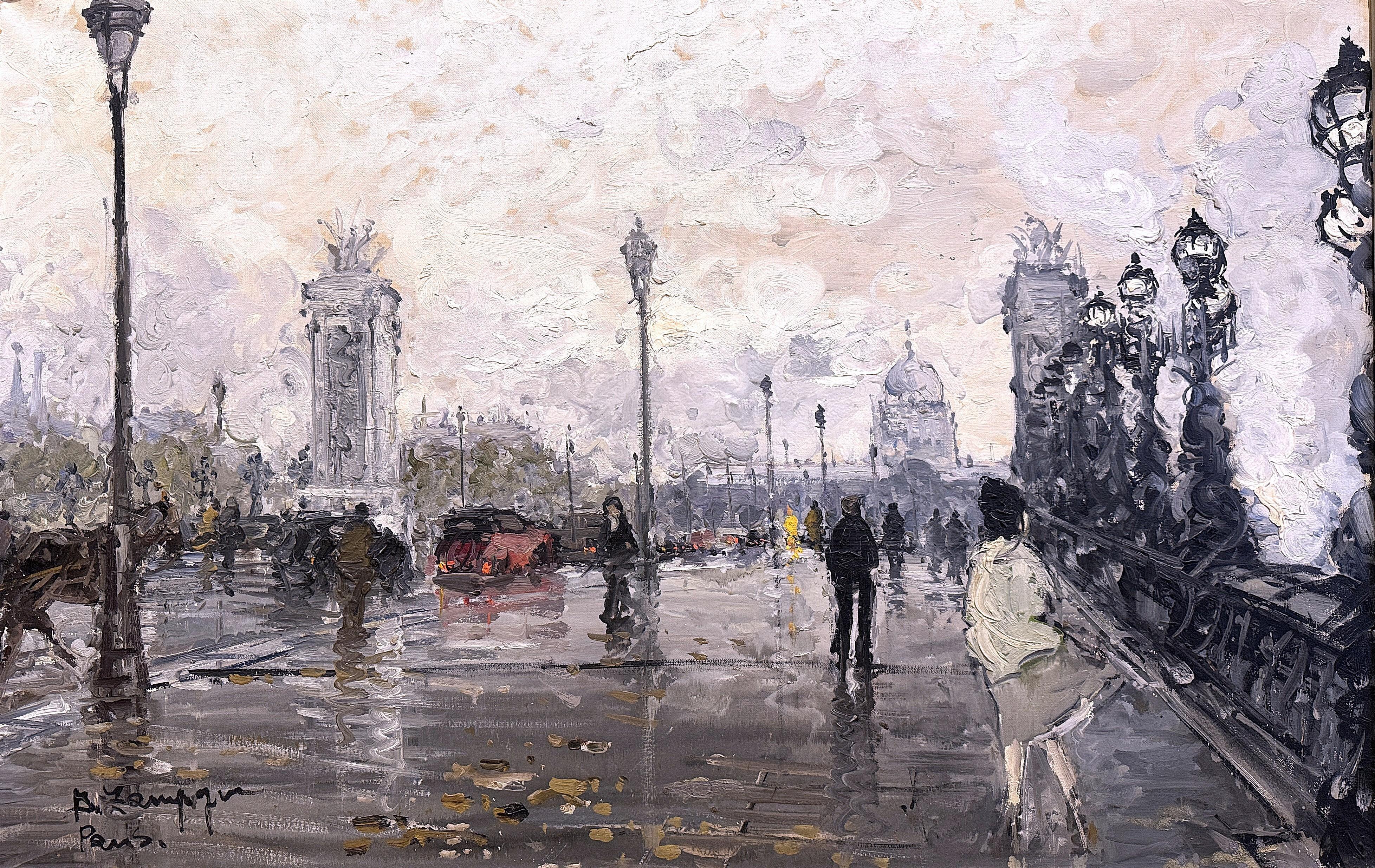 Pair Mid-Century French Paris Scenes Oil on Canvas Paintings Signed A. Lamague For Sale 1
