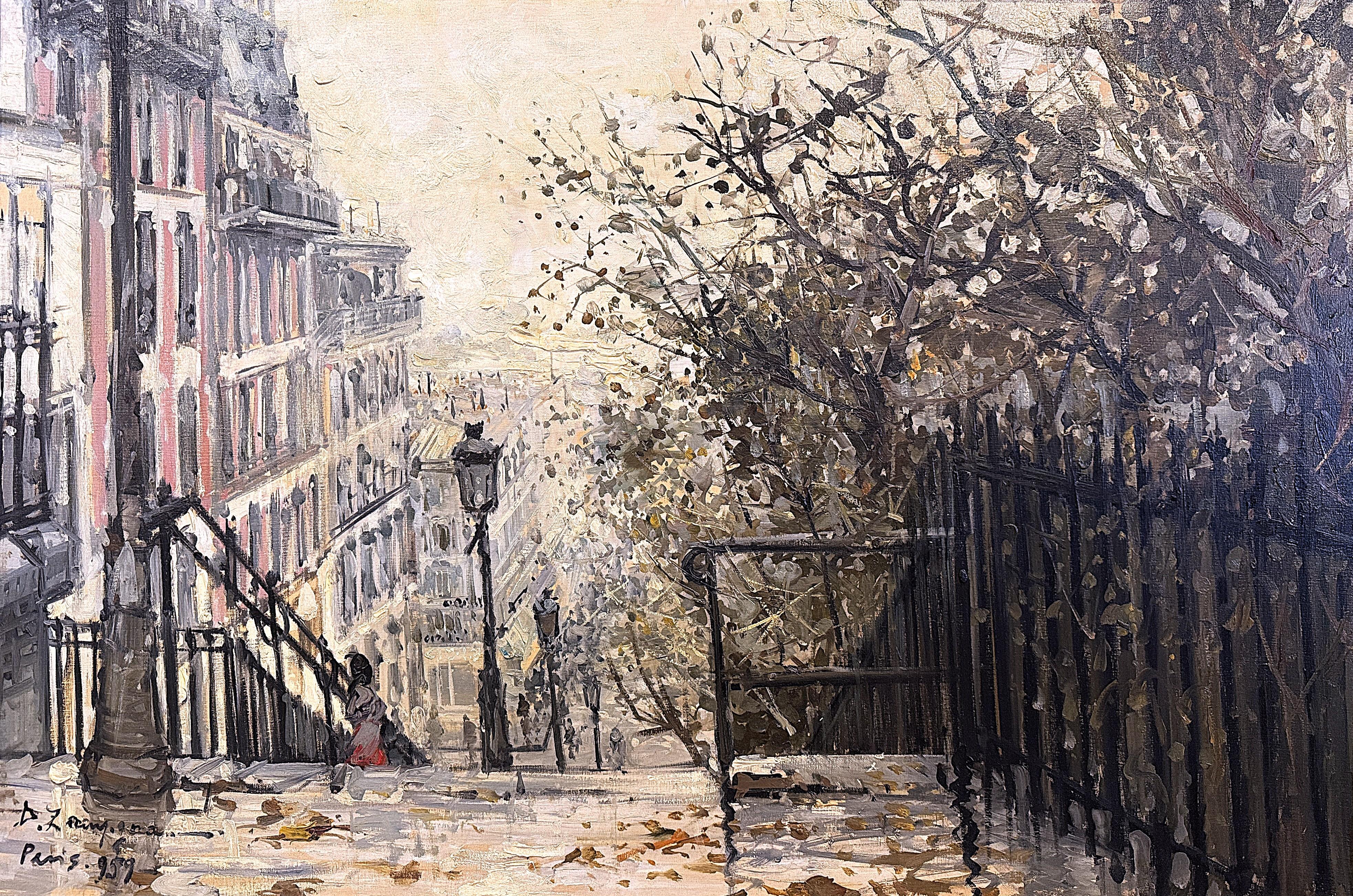 Pair Mid-Century French Paris Scenes Oil on Canvas Paintings Signed A. Lamague For Sale 2
