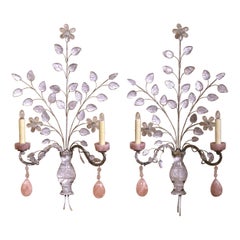 Pair Mid-Century French Rock Crystal and Rose Quartz Two-Light Wall Sconces