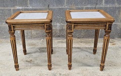 Pair Mid Century French Style Fruitwood & Marble Top Candle Stands Side Tables