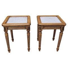 Pair Mid Century French Style Fruitwood & Marble Top Candle Stands Side Tables