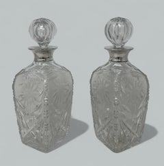 Pair Mid Century Full Lead Crystal Sterling Silver Spirits Wine Decanters, 1966