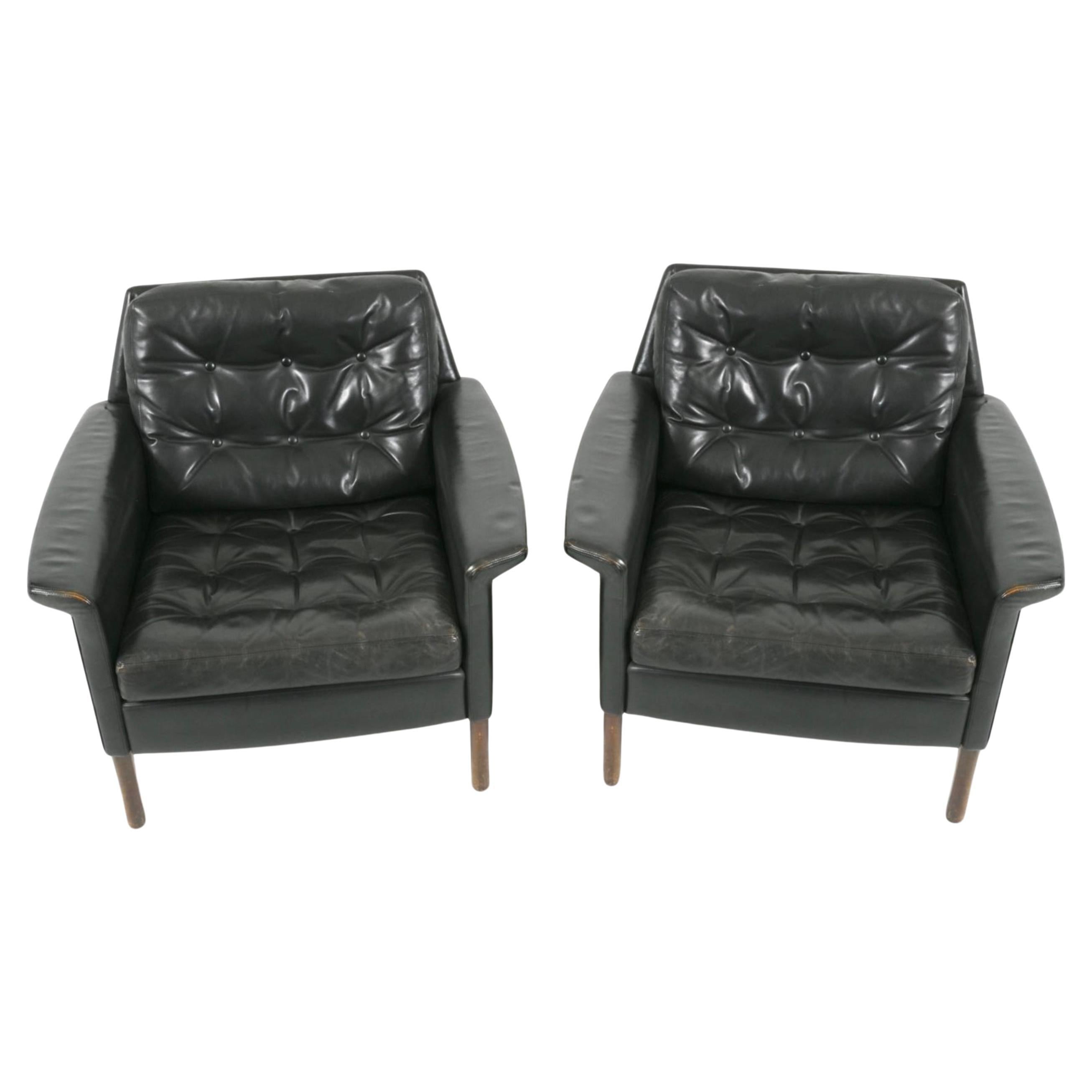 Mid-Century Modern Pair Mid-Century German Modern Black Leather Lounge Chairs by Rudolf Glatzel