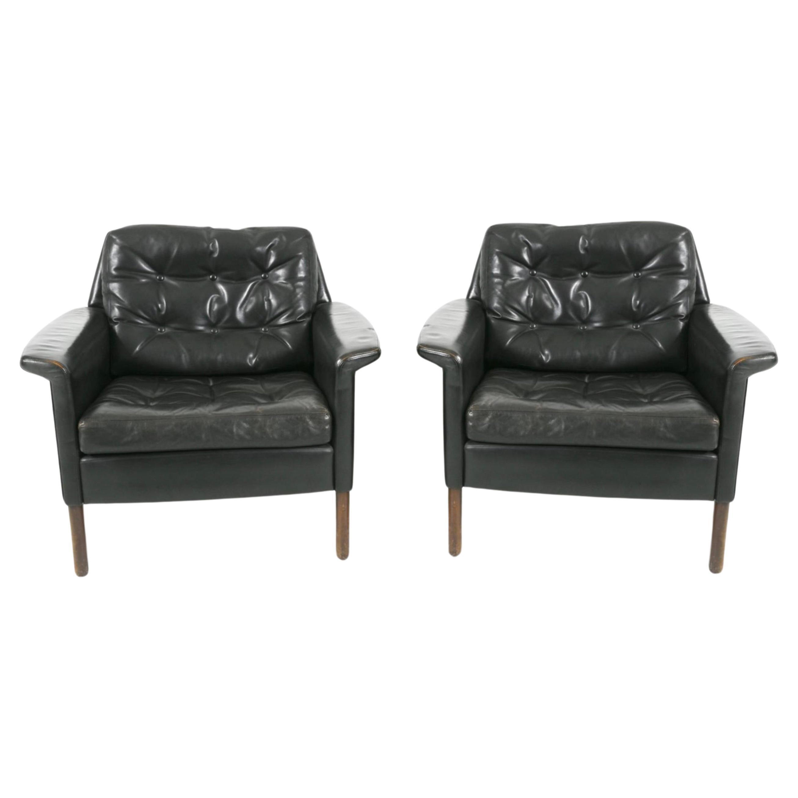 Pair Mid-Century German Modern Black Leather Lounge Chairs by Rudolf Glatzel