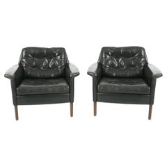 Retro Pair Mid-Century German Modern Black Leather Lounge Chairs by Rudolf Glatzel