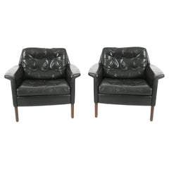 Pair Mid-Century German Modern Black Leather Lounge Chairs by Rudolf Glatzel