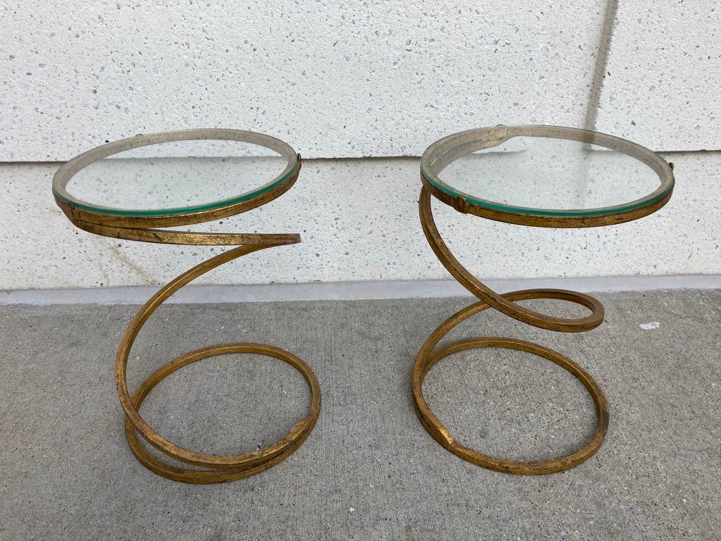 Pair of Midcentury Gilt Iron Glass Topped Spiral Side Tables 9