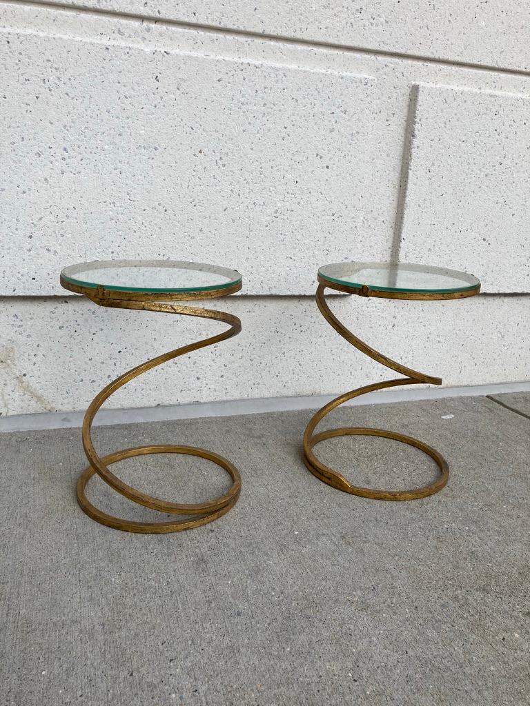 Pair of Midcentury Gilt Iron Glass Topped Spiral Side Tables 12