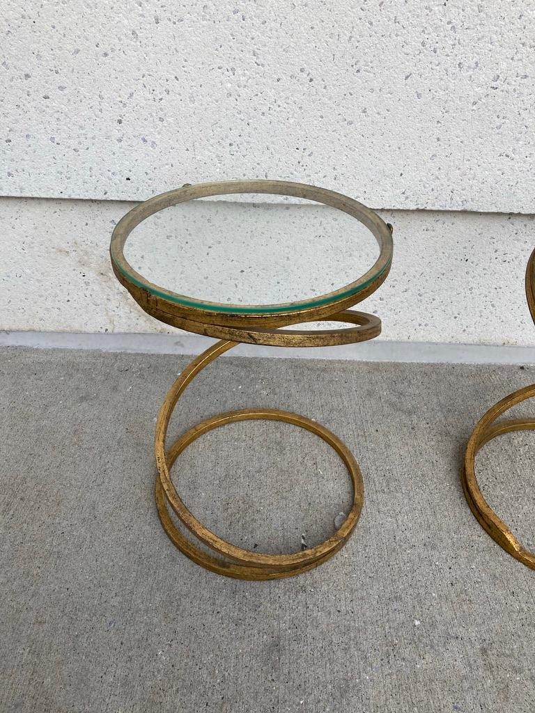 French Pair of Midcentury Gilt Iron Glass Topped Spiral Side Tables