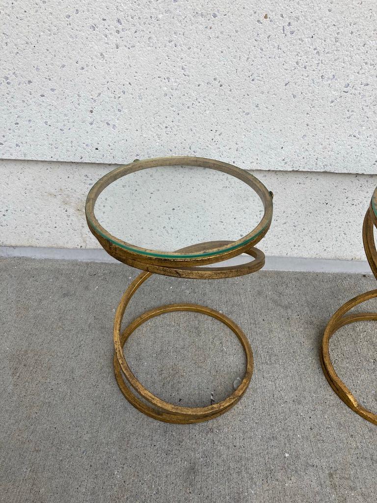 Pair of Midcentury Gilt Iron Glass Topped Spiral Side Tables In Good Condition In Stamford, CT
