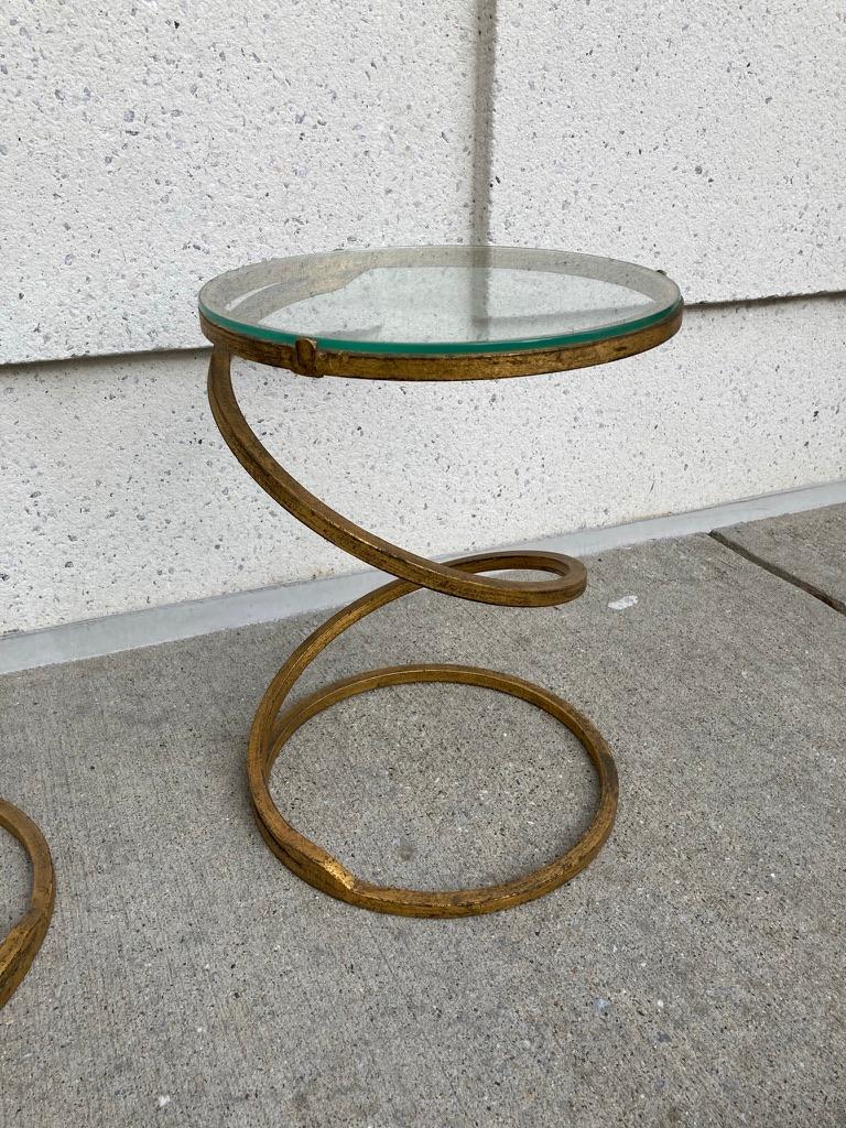 Wrought Iron Pair of Midcentury Gilt Iron Glass Topped Spiral Side Tables