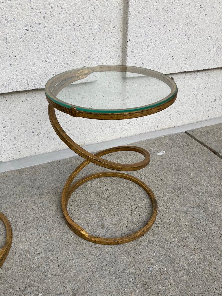 Pair of Midcentury Gilt Iron Glass Topped Spiral Side Tables 1