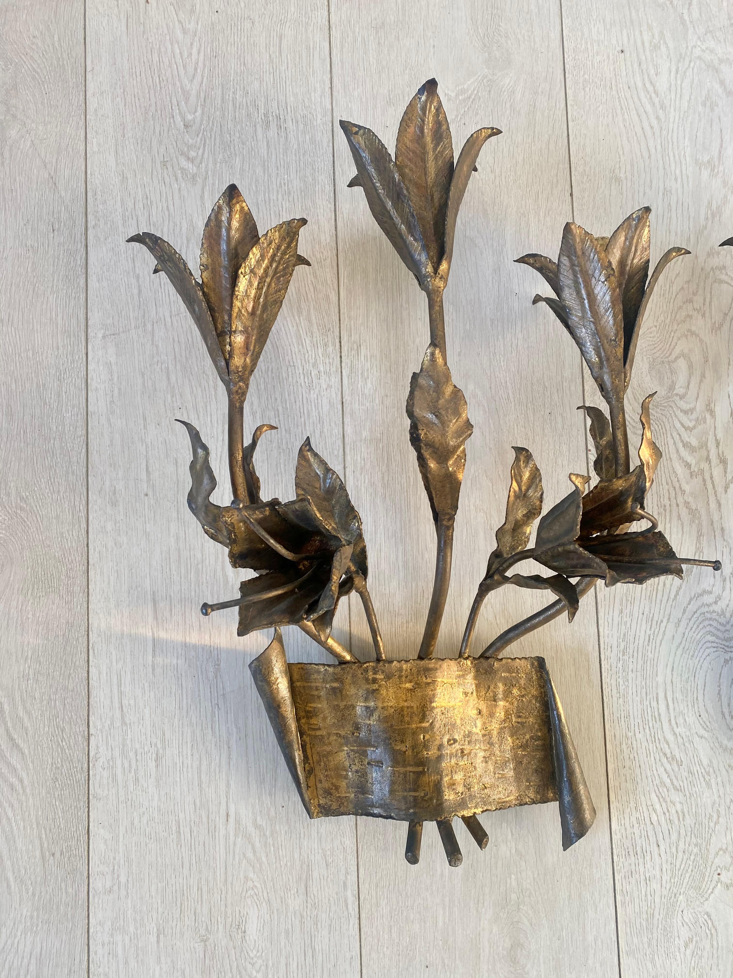 Pair Mid Century Gilt Metal Lily Spanish Sconces For Sale 6