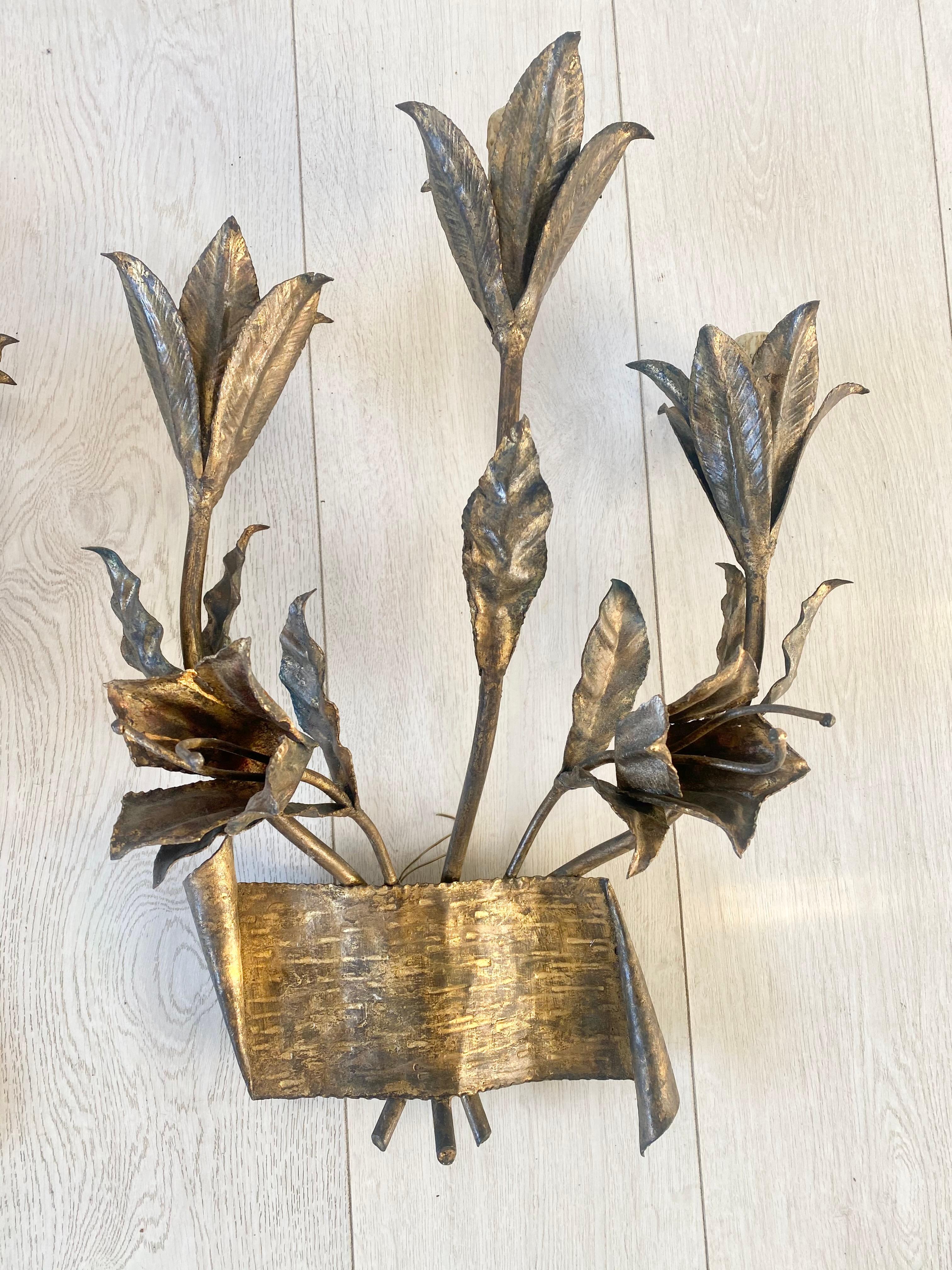 Pair Mid Century Gilt Metal Lily Spanish Sconces For Sale 7