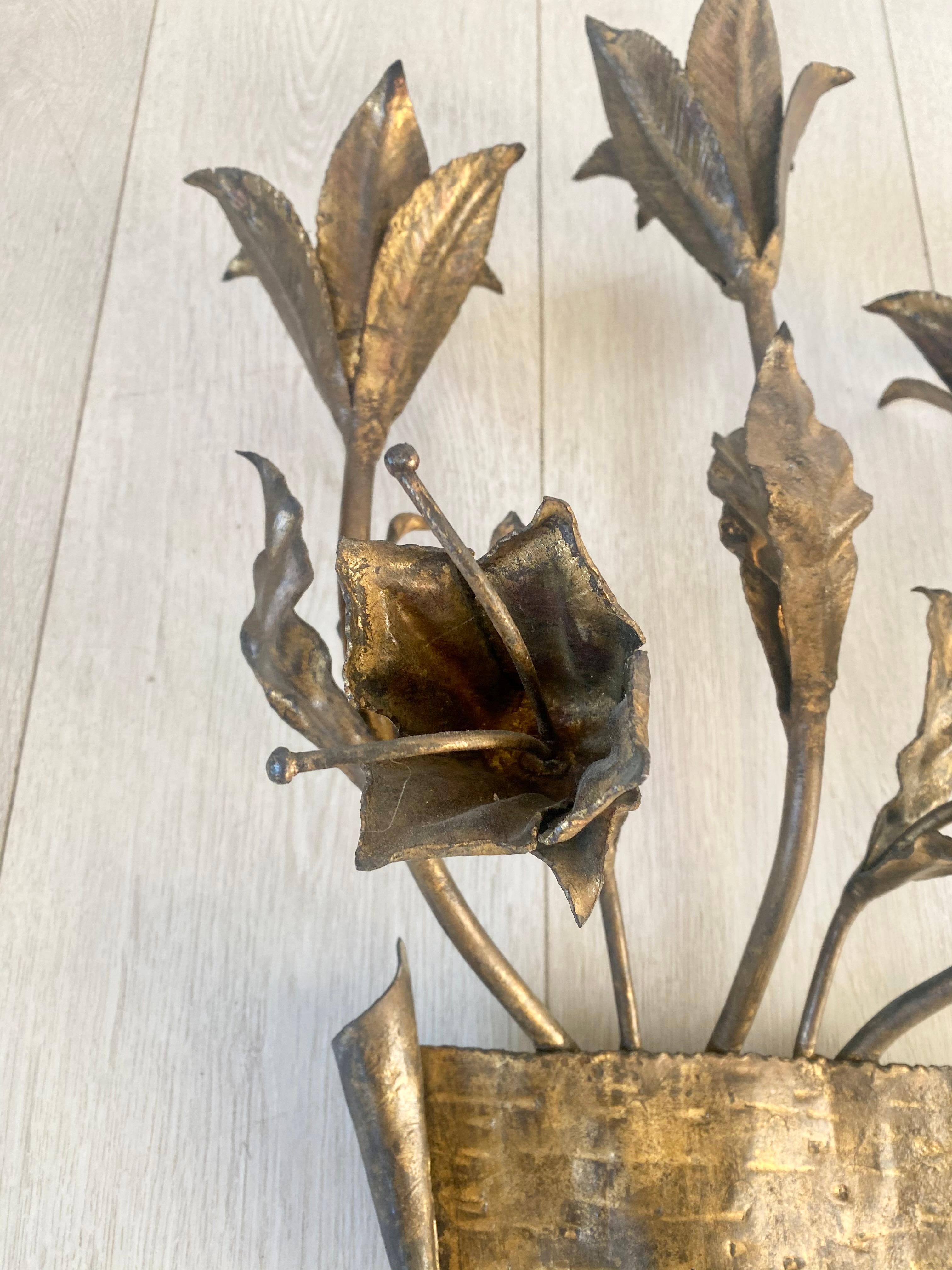 Pair Mid Century Gilt Metal Lily Spanish Sconces For Sale 8