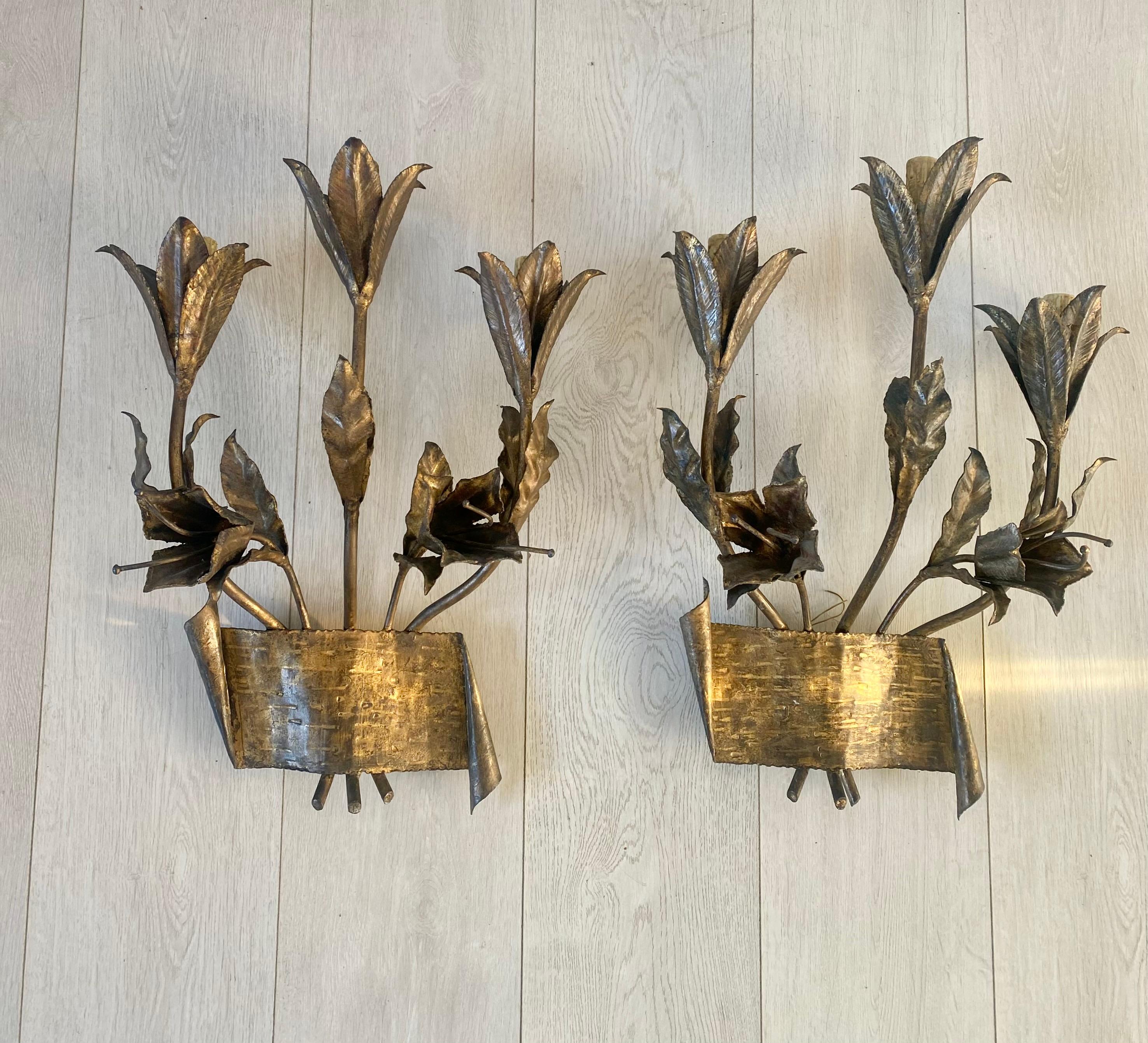 Pair Mid Century Gilt Metal Lily Spanish Sconces For Sale 9