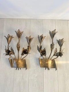 Pair Mid Century Gilt Metal Lily Spanish Sconces