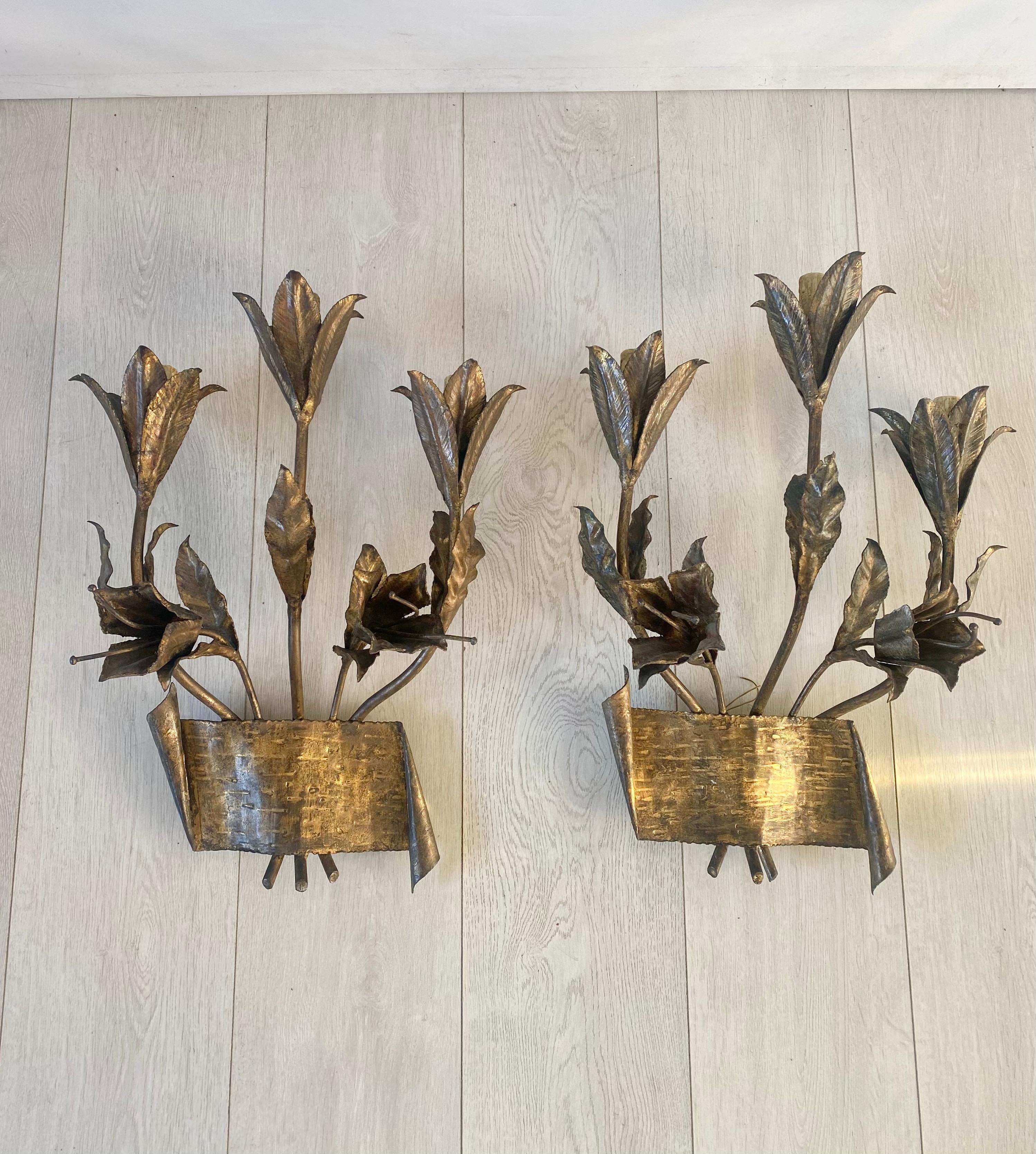 Pair Mid Century Gilt Metal Lily Spanish Sconces For Sale 1