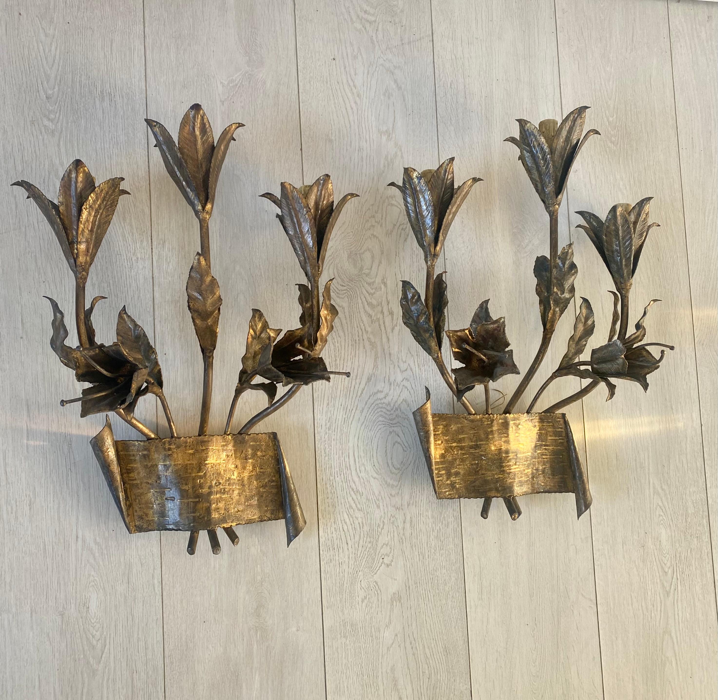 Pair Mid Century Gilt Metal Lily Spanish Sconces For Sale 2