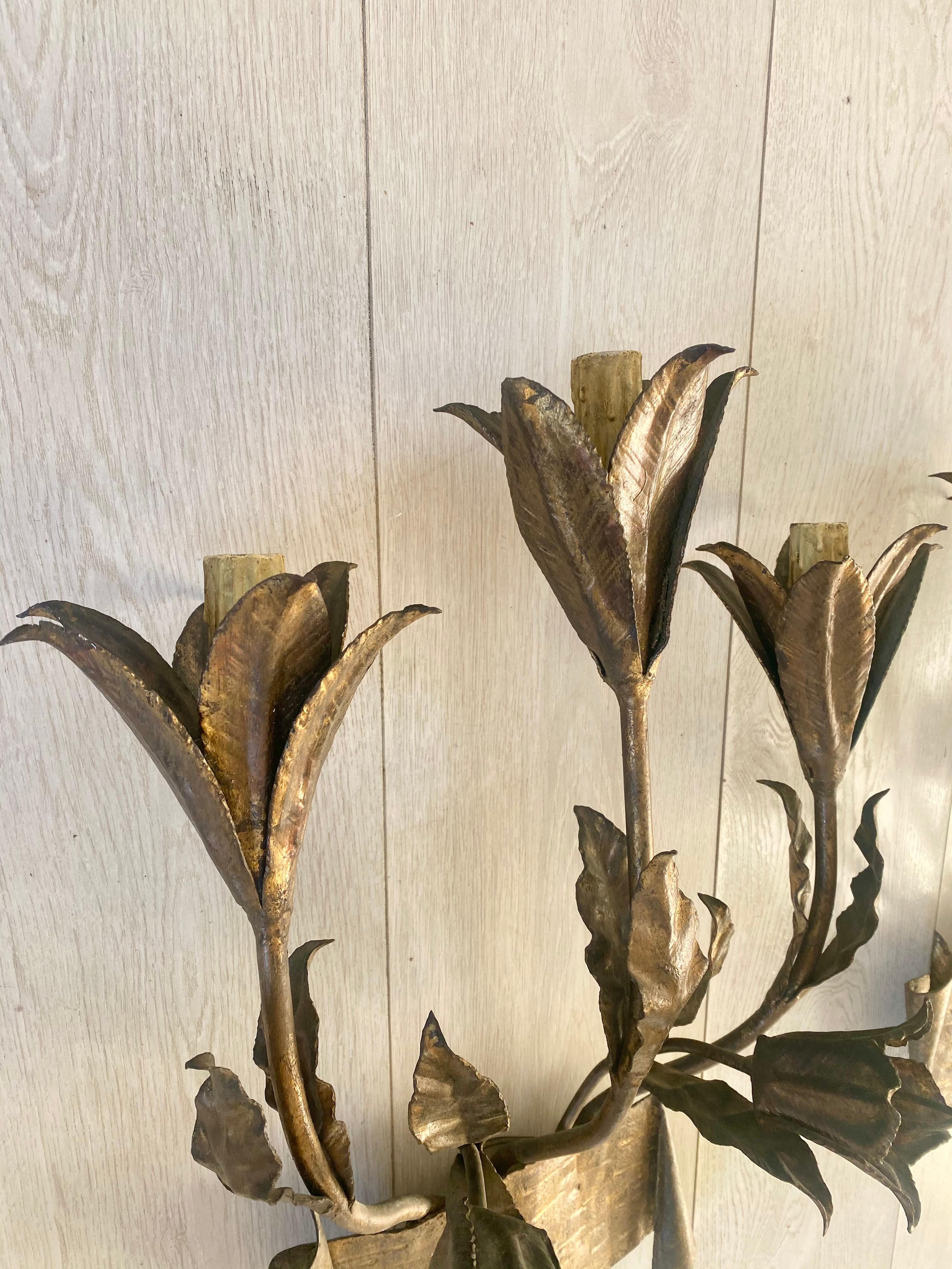 Pair Mid Century Gilt Metal Lily Spanish Sconces For Sale 3