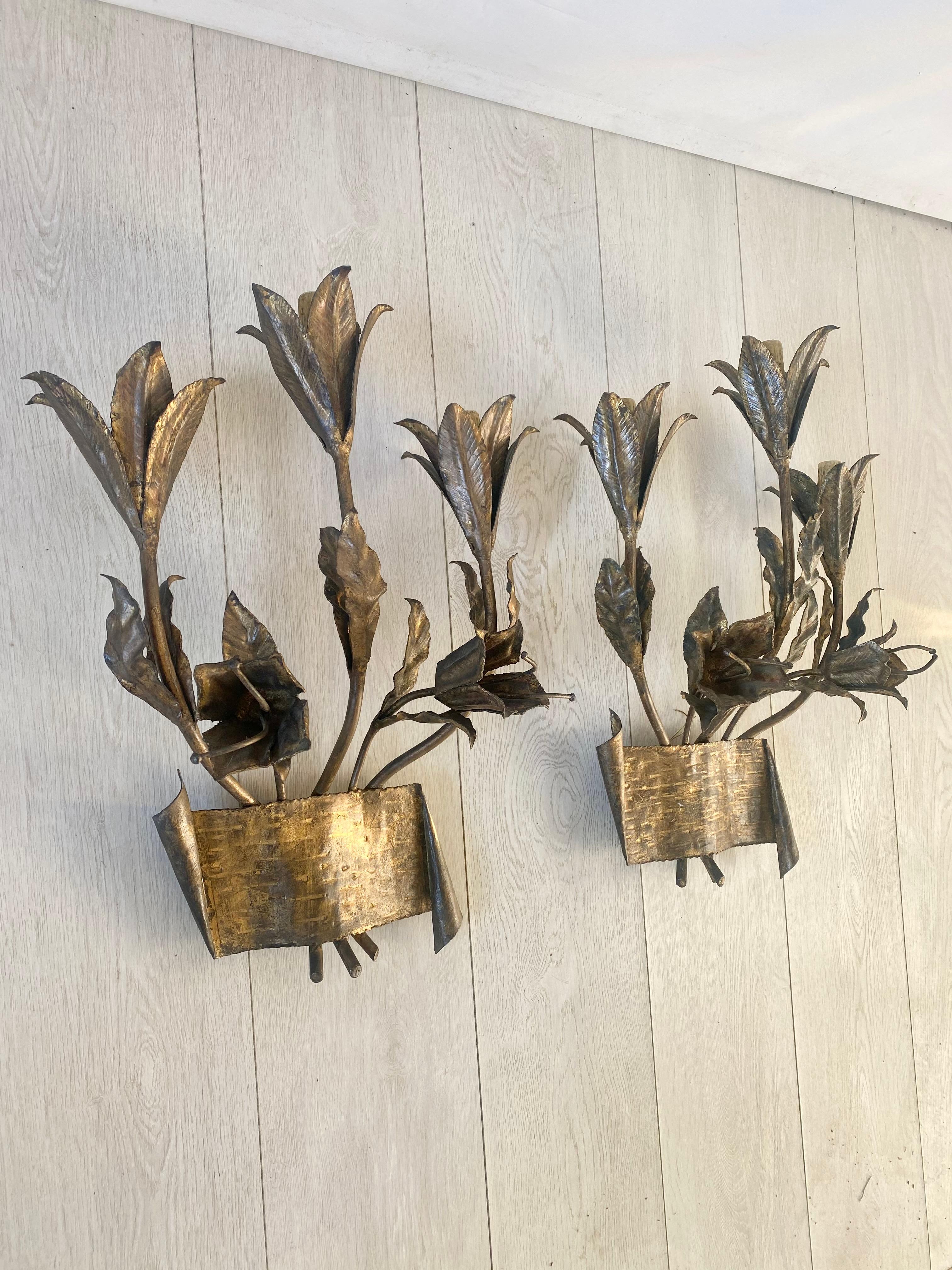 Pair Mid Century Gilt Metal Lily Spanish Sconces For Sale 4