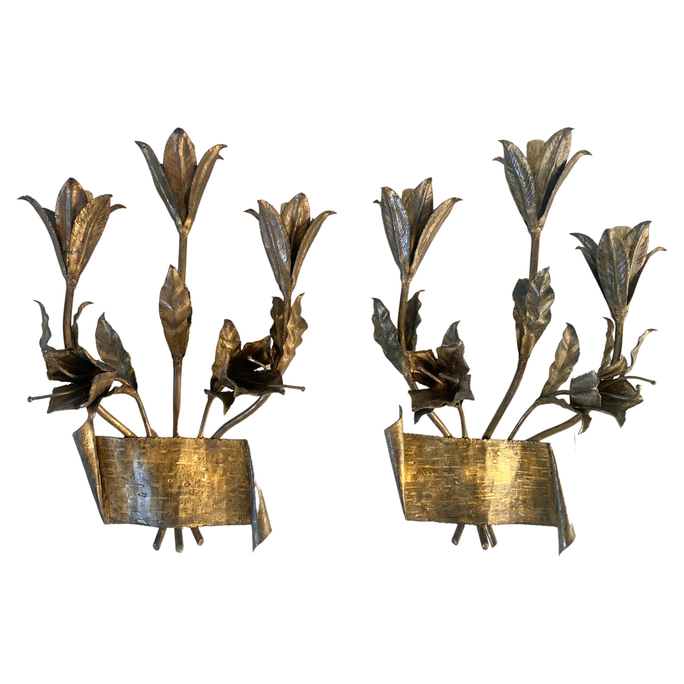 Pair Mid Century Gilt Metal Lily Spanish Sconces For Sale