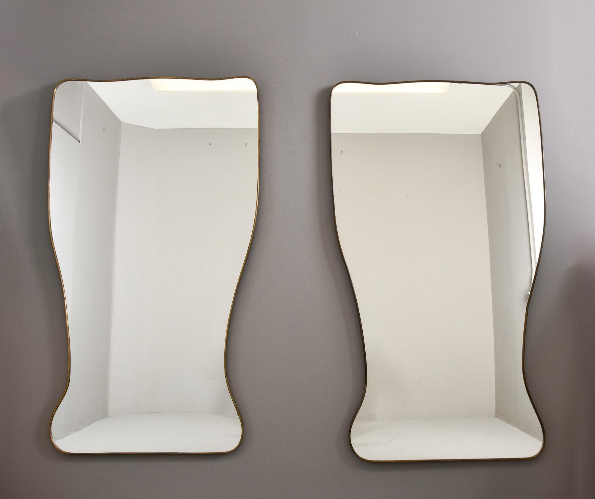 Mid-Century Modern Pair Mid Century Gio Ponti Style Large Brass Framed Mirrors