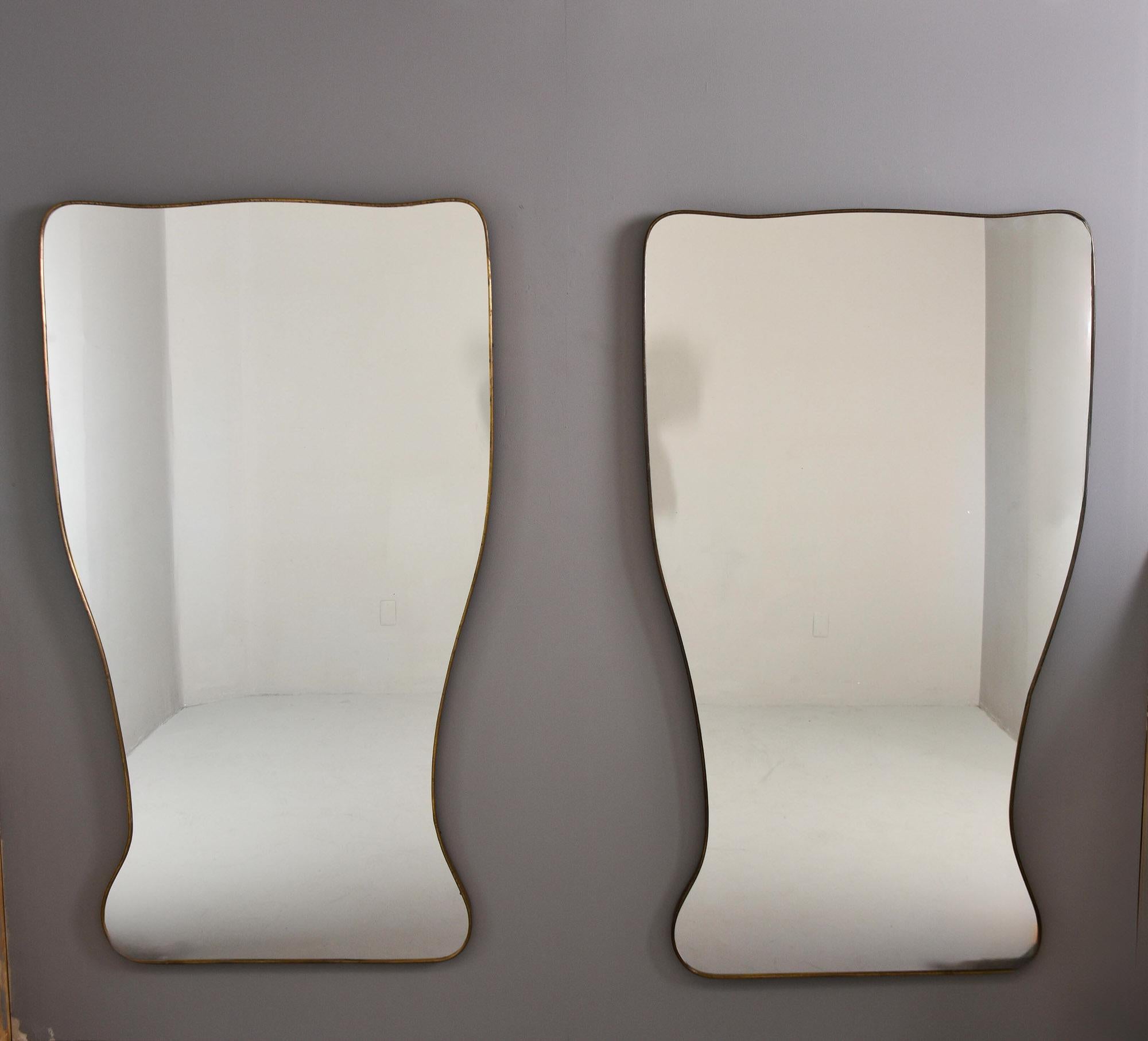Pair Mid Century Gio Ponti Style Large Brass Framed Mirrors In Good Condition In Troy, MI