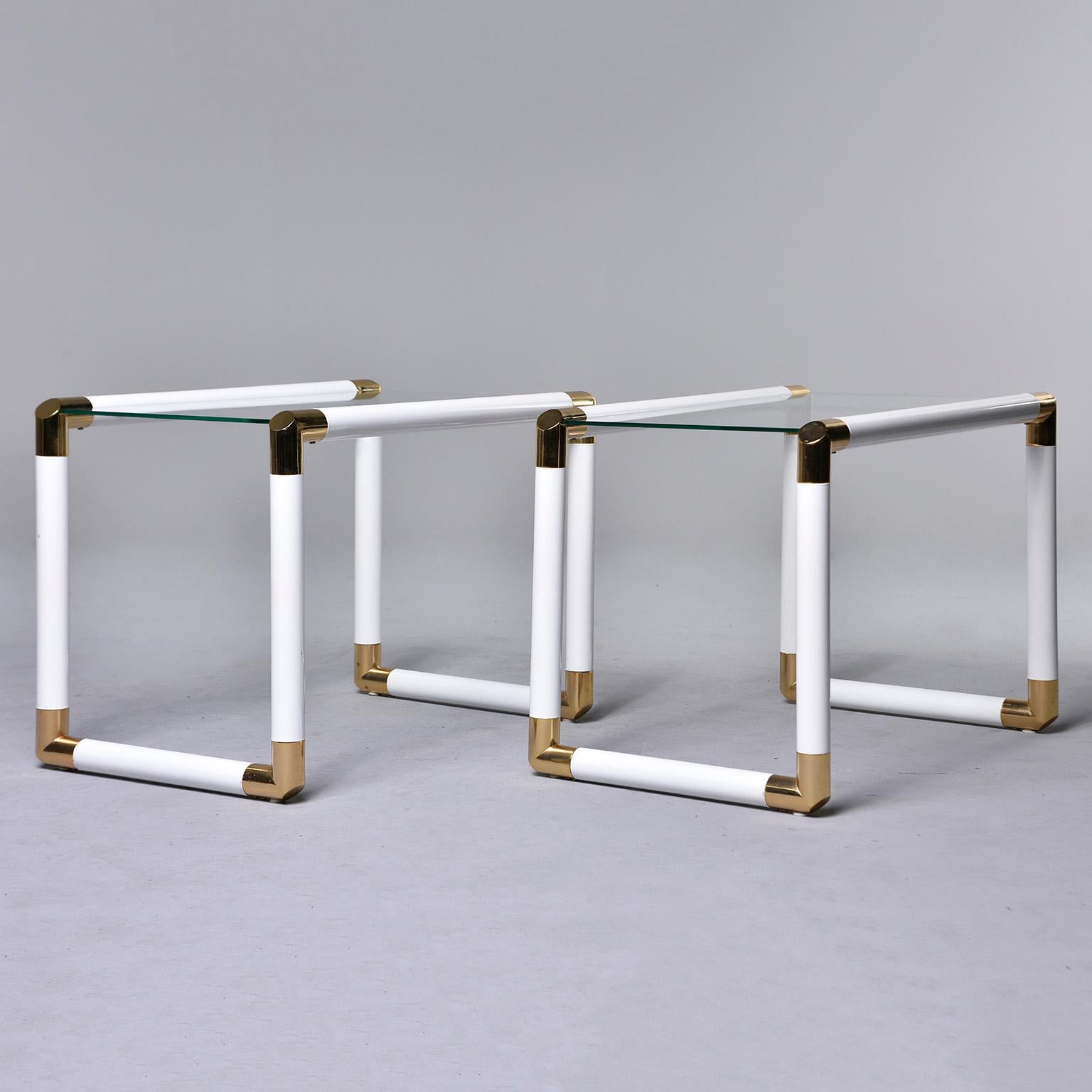 Mid-Century Modern Pair of Midcentury Glass Topped Tables with Brass and White Metal Tubular Frames For Sale