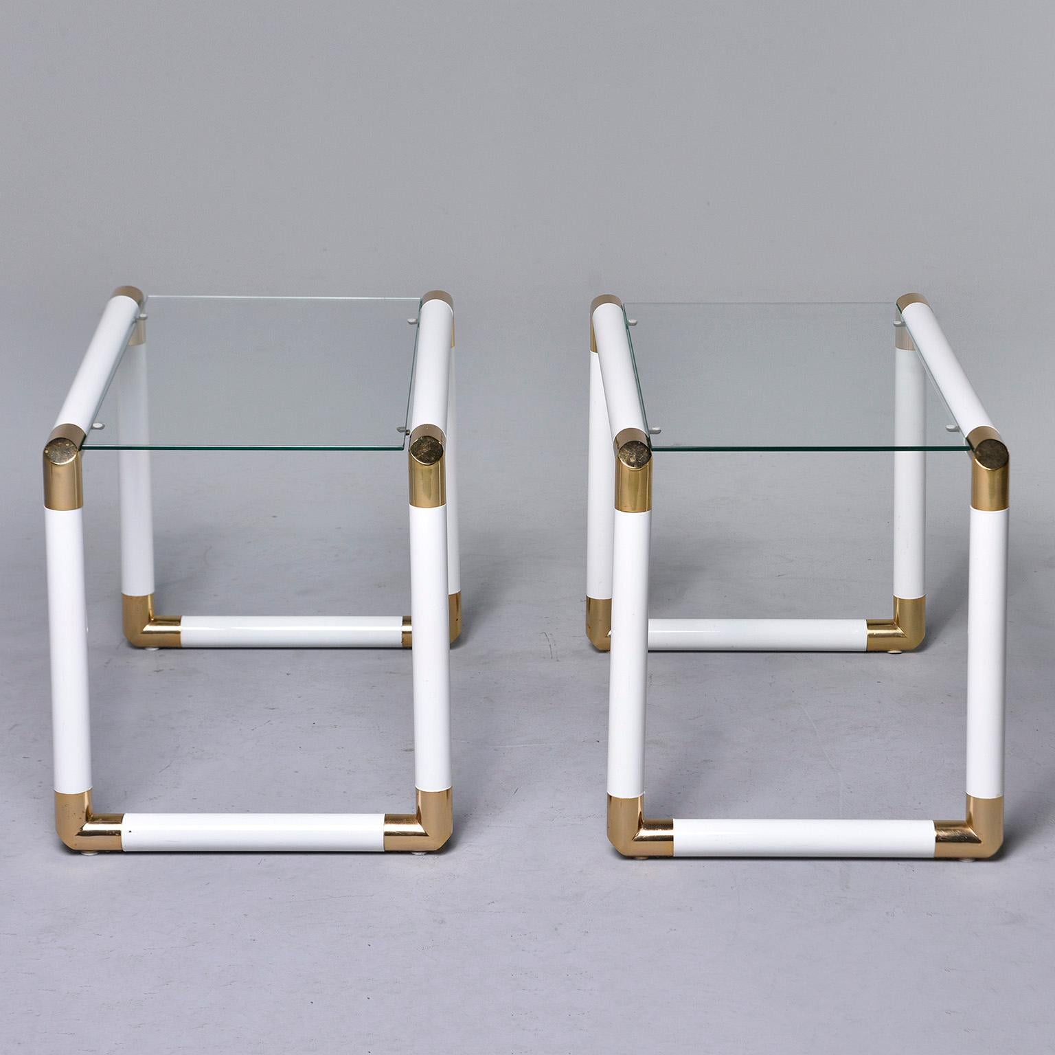 European Pair of Midcentury Glass Topped Tables with Brass and White Metal Tubular Frames For Sale