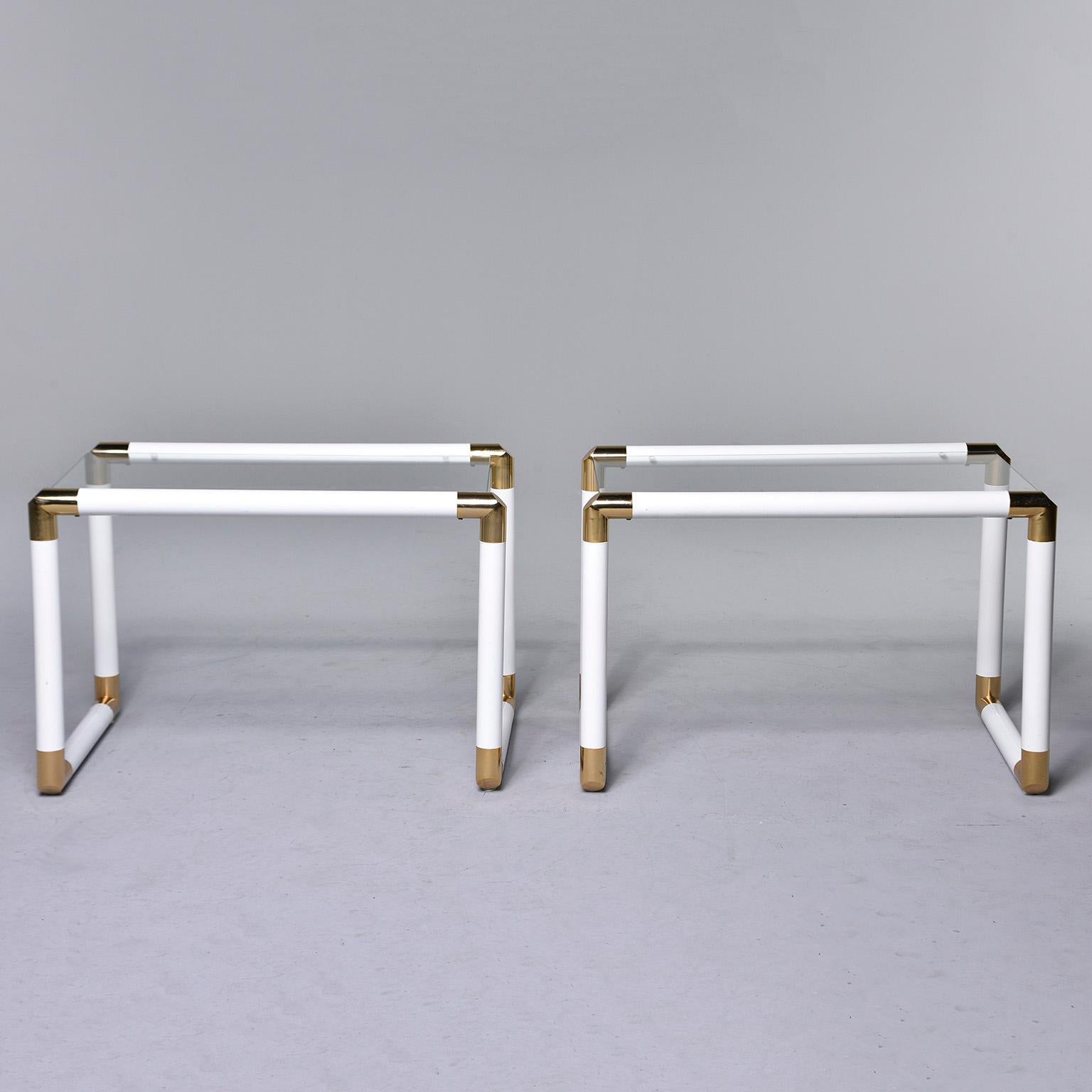 Enameled Pair of Midcentury Glass Topped Tables with Brass and White Metal Tubular Frames For Sale