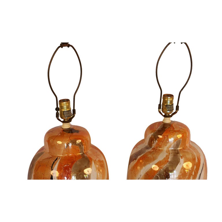 Pair of Midcentury Glazed Ginger Jar Table Lamps In Good Condition For Sale In Baltimore, MD