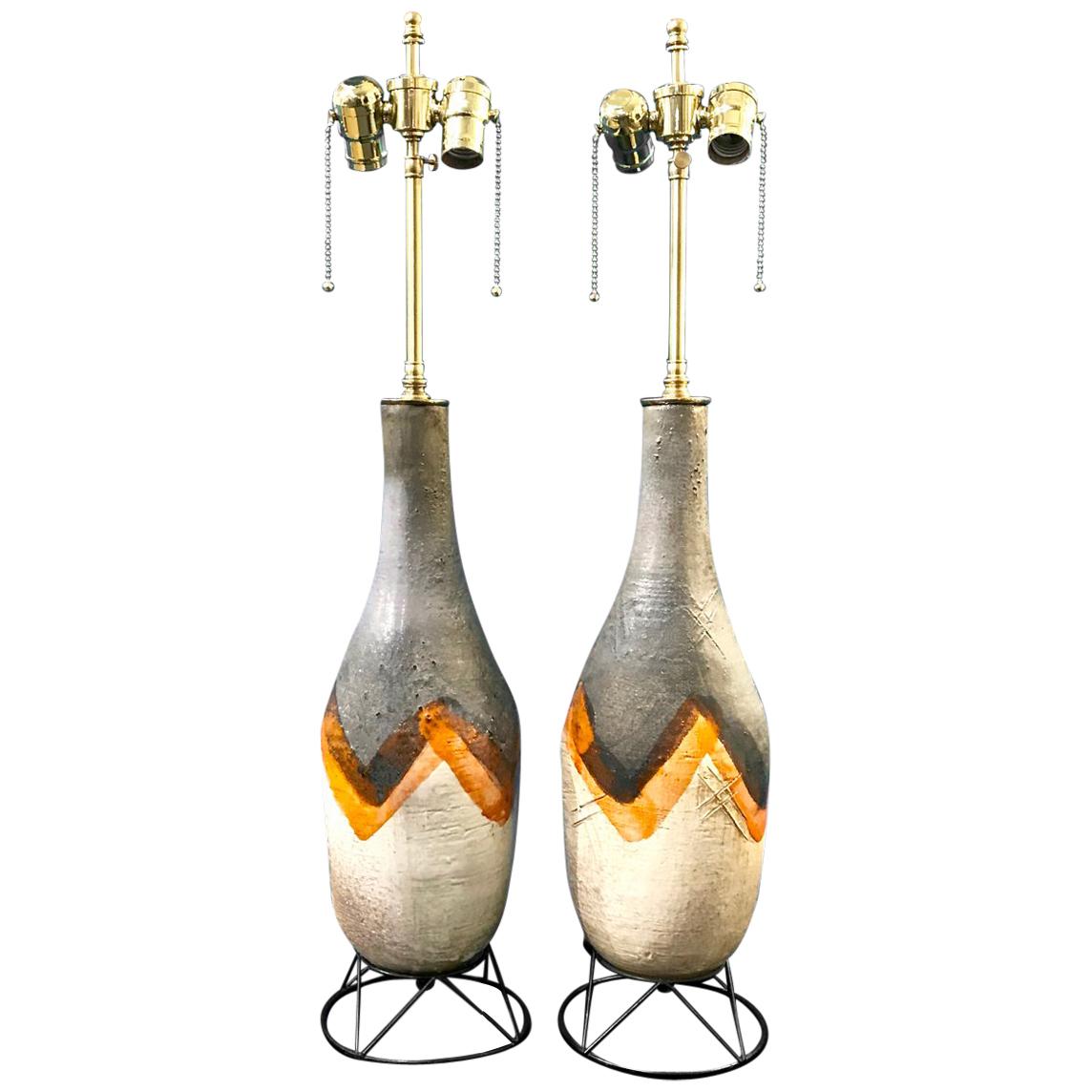 Pair of Midcentury Glazed Terra Cotta Lamps on Wire Plinths